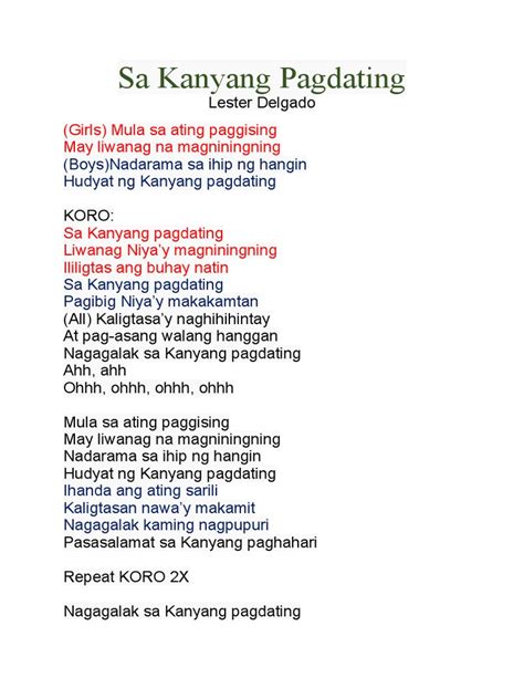 Sa Kanyang Pagdating Lyrics | PDF