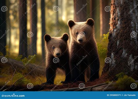 Two Brown Bear Cubs in the Forest. 3D Render Stock Illustration ...