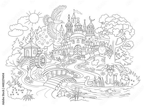 Fantasy illustration of fairyland kingdom. Black and white page for ...