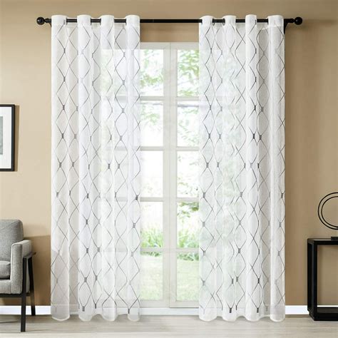 Topfinel White Sheer Curtains 84 Inches Long Gray Embroidered Diamond ...