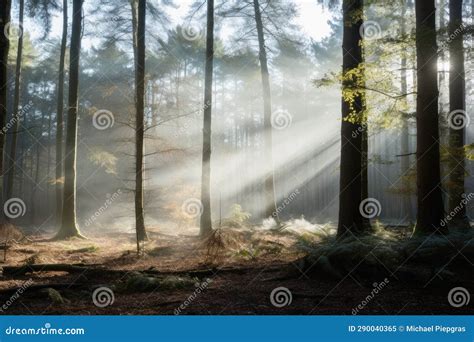 A Sunrise in a Misty Forest Area Stock Image - Image of orange ...