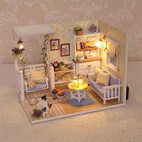 Handmade DIY Wooden Dollhouse with Furniture Kitten Room Mini Sofa ...