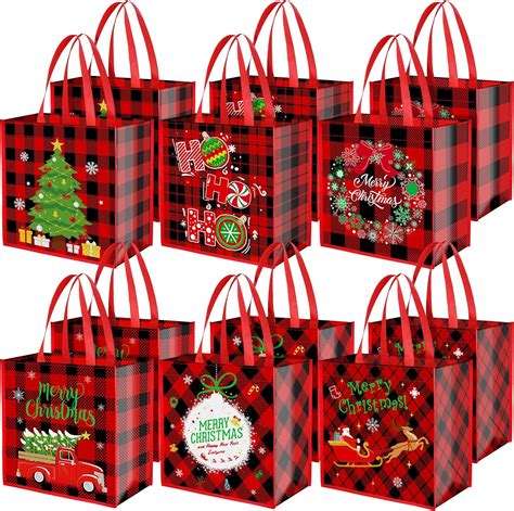 Aneco 12 Pieces Large Christmas Party Bags Reusable Red and Black Plaid ...