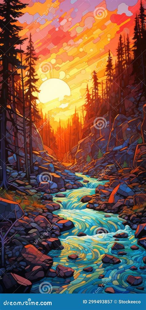 Sunny Sunset River Painting in Dan Mumford Style Stock Illustration ...