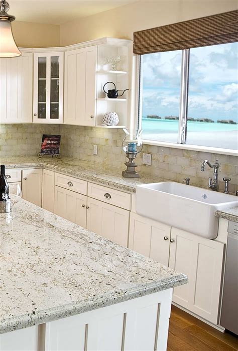 White Shaker Cabinets Snowfall Granite Countertops Cream Tile ...