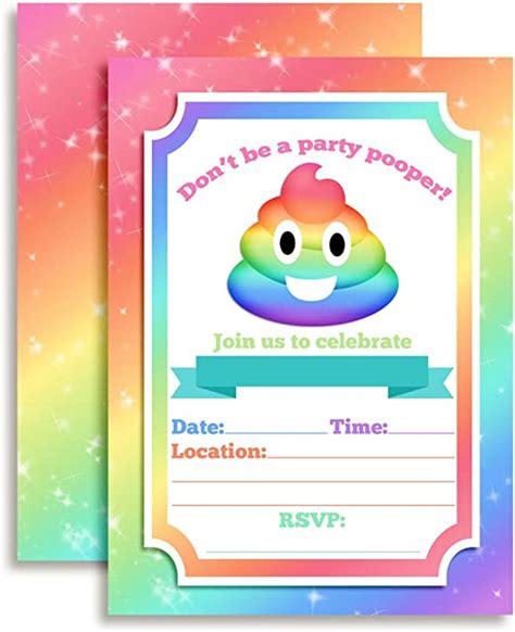 Amazon.com : Rainbow Poop Emoji Themed Birthday Party Invitations, 20 5 ...