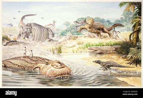 Prehistoric crocodiles. Computer illustration comparing various ...