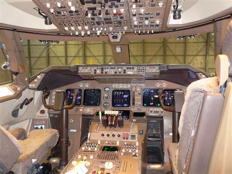 Aircraft cockpit. A shot of a boeing 747 400 cockpit during maintenance ...