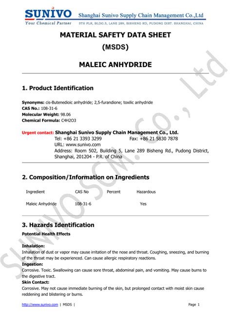 MATERIAL SAFETY DATA SHEET (MSDS) MALEIC ANHYDRIDE