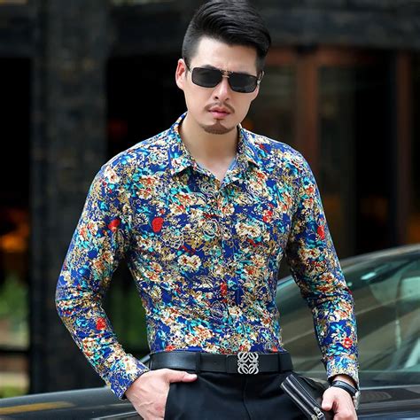 Baroque Gold Floral Shirt Men Luxury Design Men's Dress Shirts Chemise ...