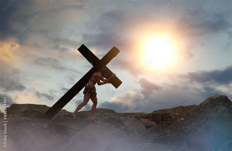 Jesus Christ carrying the cross render 3d Stock Photo | Adobe Stock