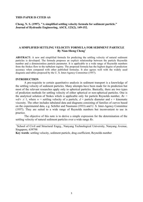 (PDF) Simplified Settling Velocity Formula for Sediment Particle