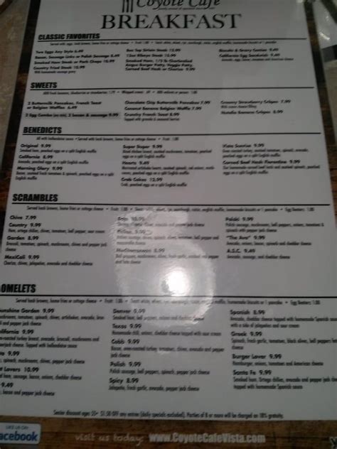 Menu at Coyote Cafe, Vista