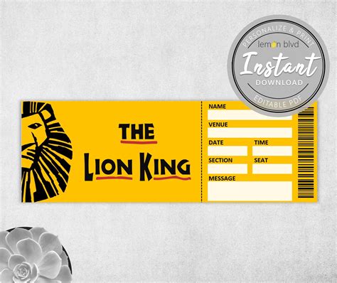 Lion King Ticket Printable Surprise Gift Reveal Broadway Musical ...