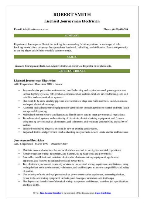 Journeyman Electrician Resume Samples | QwikResume