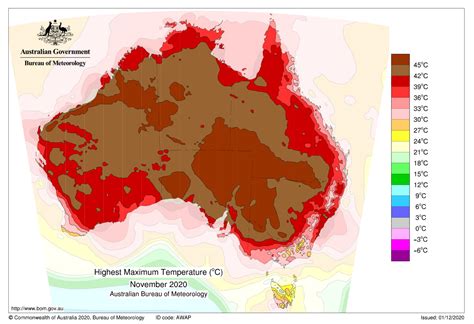 Australia highest maximum temperature - November 2020