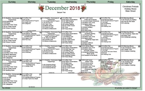 December 2018 Memory Care Activity Calendar | Memory care activities ...