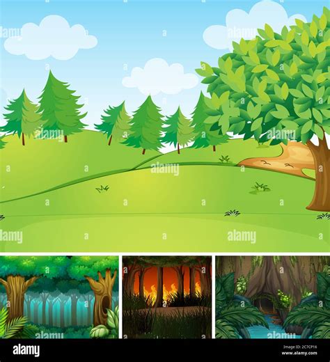 Four different nature scene of forest and swamp cartoon style ...