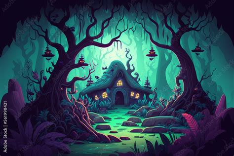 ภาพประกอบสต็อก Mystical forest illustration, cartoon style landscape ...