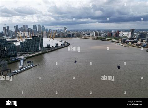 London Cable Car , O2 arena and city skyline in background aerial Stock ...