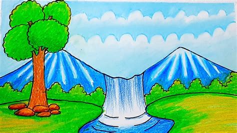 How to draw easy waterfall scenery drawing step by step easy drawing