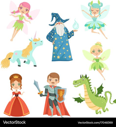 Fairytale characters set in different costumes Vector Image