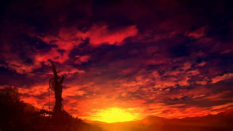 original, Anime, Landscape, Sunset, Sky, Cloud, Beautiful, Red ...