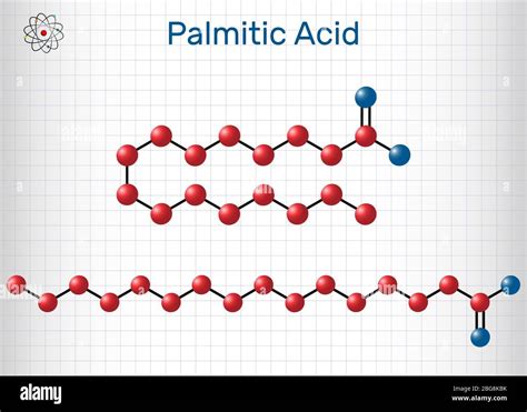 Palmitic acid or hexadecanoic, C16H32O2 molecule. It is saturated fatty ...