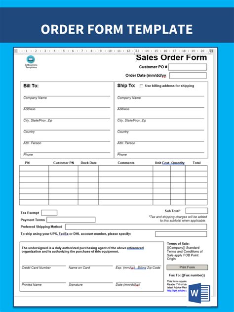 Printable Sales Order Form Template