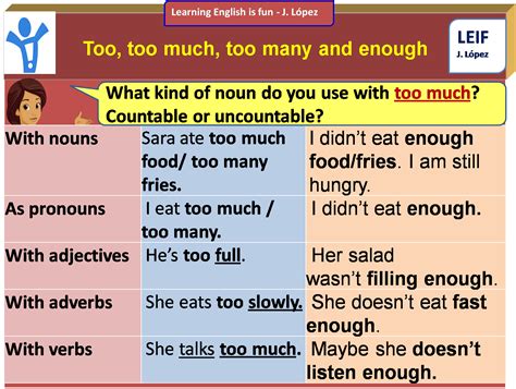 English Intermediate I: U5: too, too much, too many and enough and enough