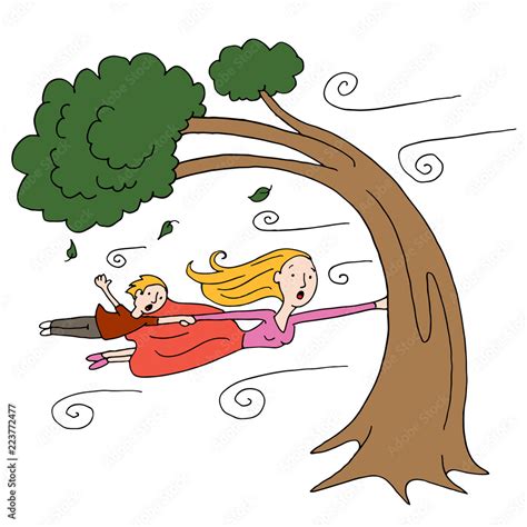 Windy Day Mother and Child Holding Onto a Tree Stock Vector | Adobe Stock