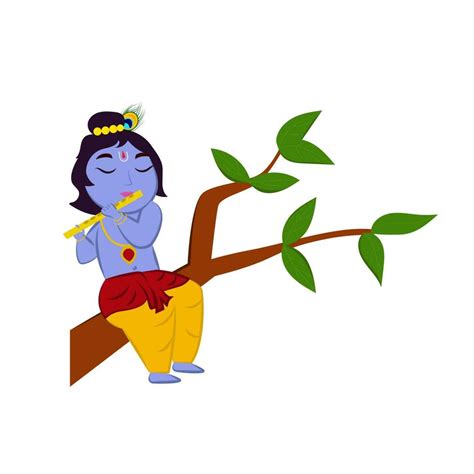 Cute Cartoon Little Krishna Playing Flute On Branch Flat Vector ...