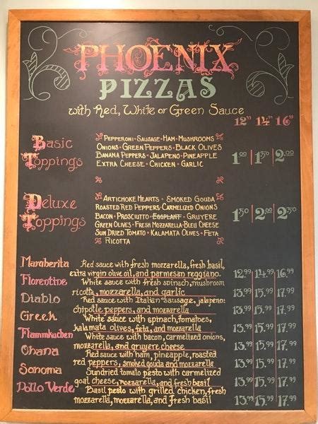 Menu at Phoenix Bakery, Morgantown