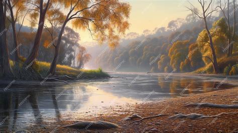 Premium AI Image | A painting of a river with trees and a sunset in the ...