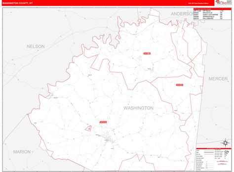 Washington County, KY Zip Code Wall Map Red Line Style by MarketMAPS ...