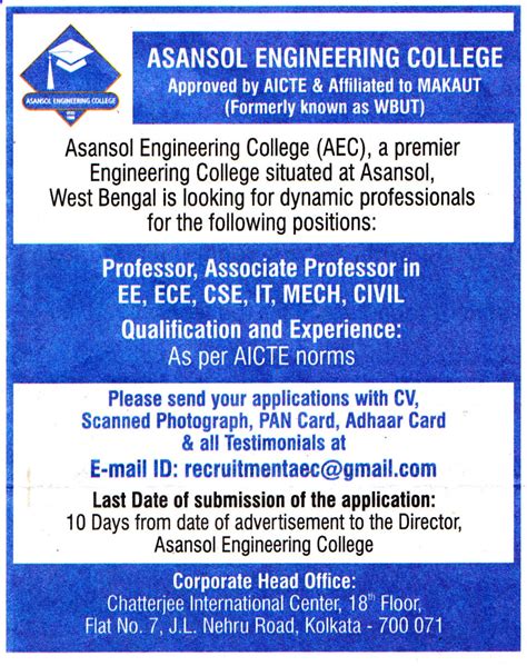 ASANSOL Engineering College, Recruitment 2019, Professor ...