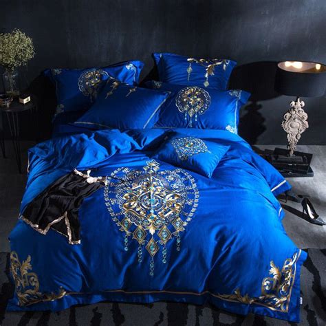 7pc Luxury Royal Blue Gold Jacquard Queen Egyptian Cotton 600TC Duvet ...