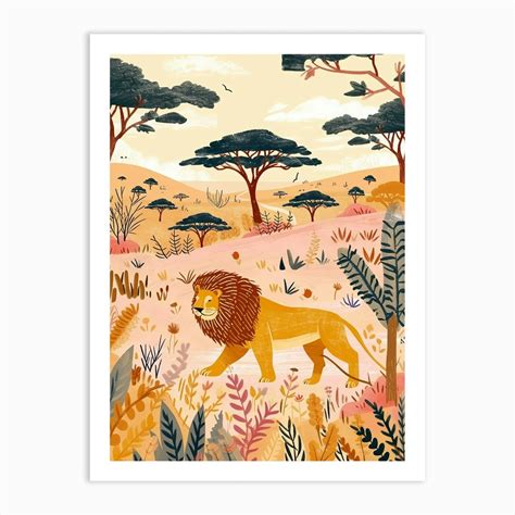 African Lion Hunting In The Savannah Illustration 3 Art Print by ...