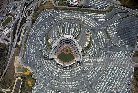 Aerial view of parking lots surrounding stadium during Los Angeles ...