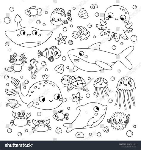 Coloring Page Sea Animals Cute Cartoon Stock Vector (Royalty Free ...