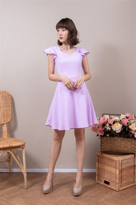 Lavender Dress Wedding Guest Sweetheart Purple Ruffle Sleeve Swing ...