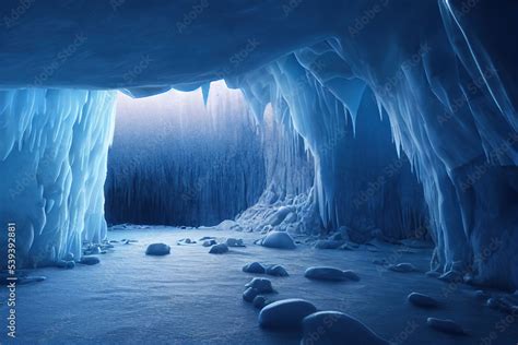 Fantasy chilly Permanent Frost caves. Glowing Unsettling Ice Pillars ...