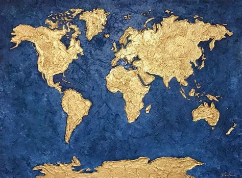 Gold World Map painting, Blue Gold Map, Textured World map art, Extra ...