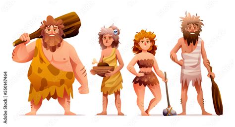 Primitive people characters. Prehistoric stone age caveman set cartoon ...