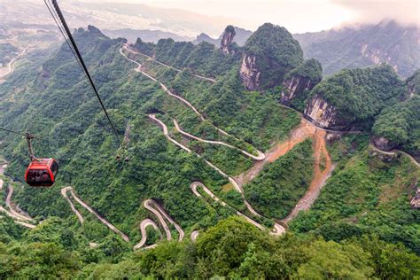 cable car with winding and curves road in Tianmen mountain zhangjiajie ...