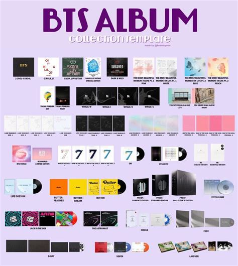 the bts album collection is shown in purple and black, with various ...