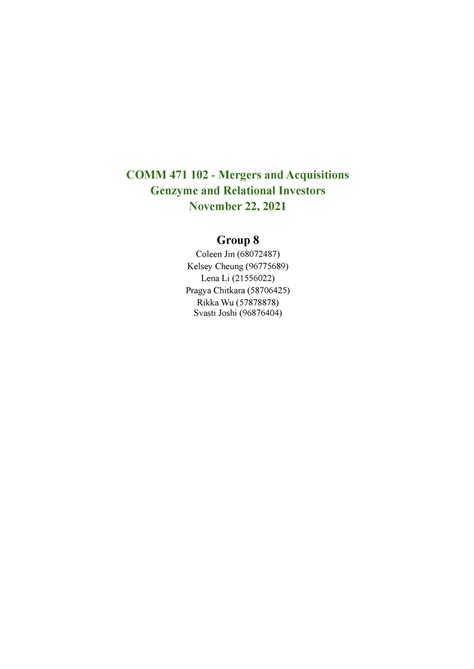 Group 8 Genzyme and Relational Investors copy - COMM 471 102 - Mergers ...