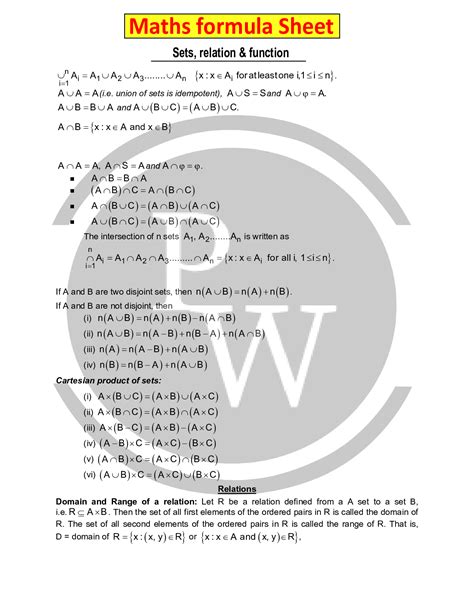 Class 11 maths formula chapter- Sets, Relation & function Formula