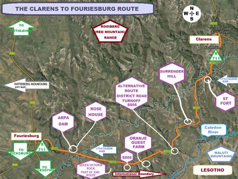 Self-drive route Clarens to Fouriesburg map | Clarens, Fouriesburg ...