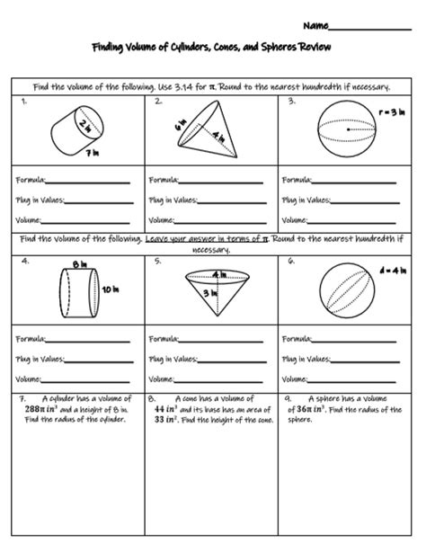 Volume of Cylinders, Cones, and Spheres Review with Word Problems ...